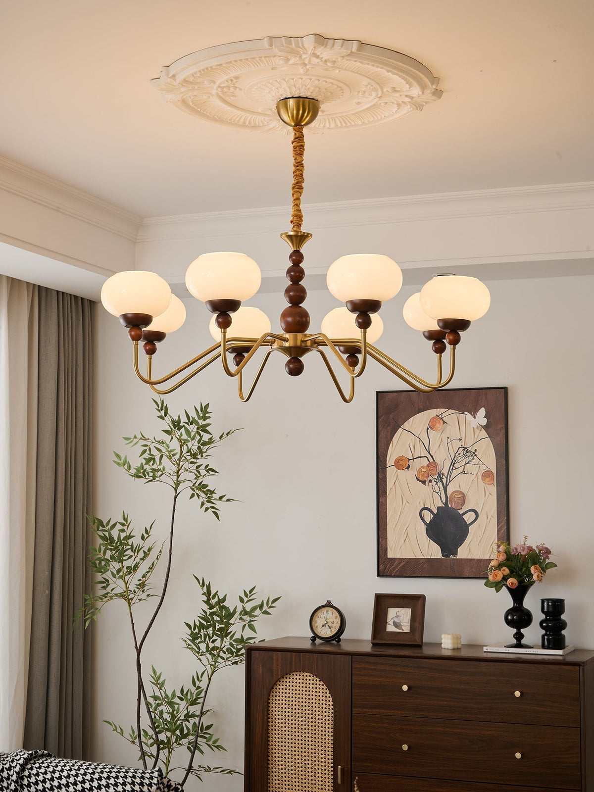 Sorenina Lustre Verre Bois Laiton Moderne 6-Lumières