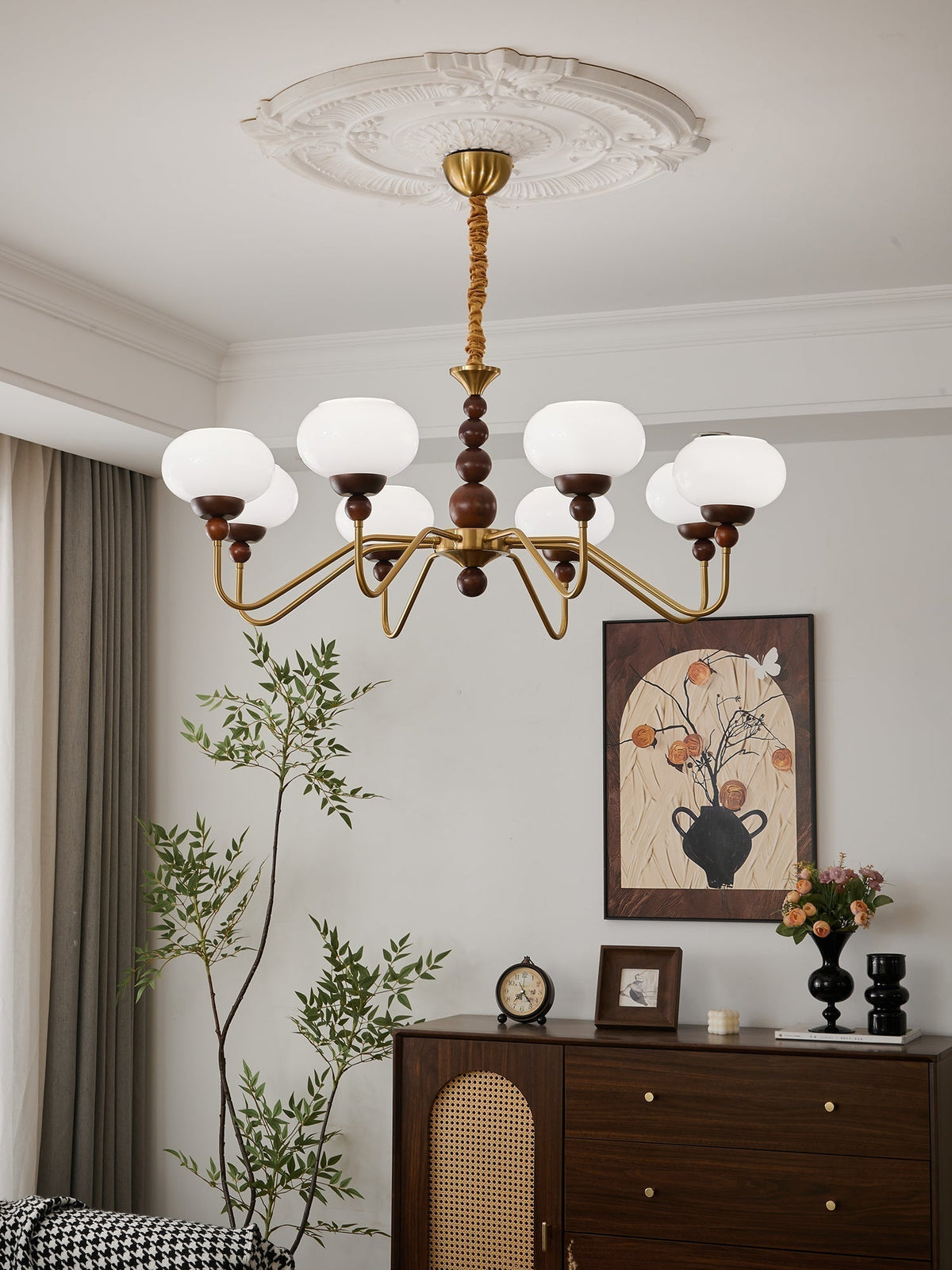 Sorenina Lustre Verre Bois Laiton Moderne 6-Lumières