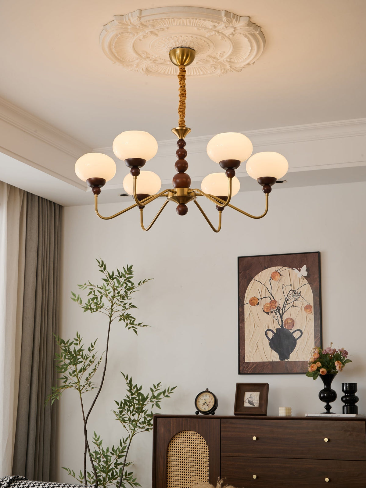 Sorenina Lustre Verre Bois Laiton Moderne 6-Lumières