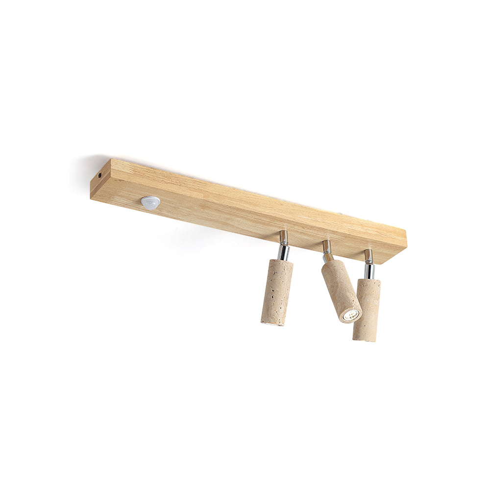Berge Ceiling Light with wood base and travertine spotlights.