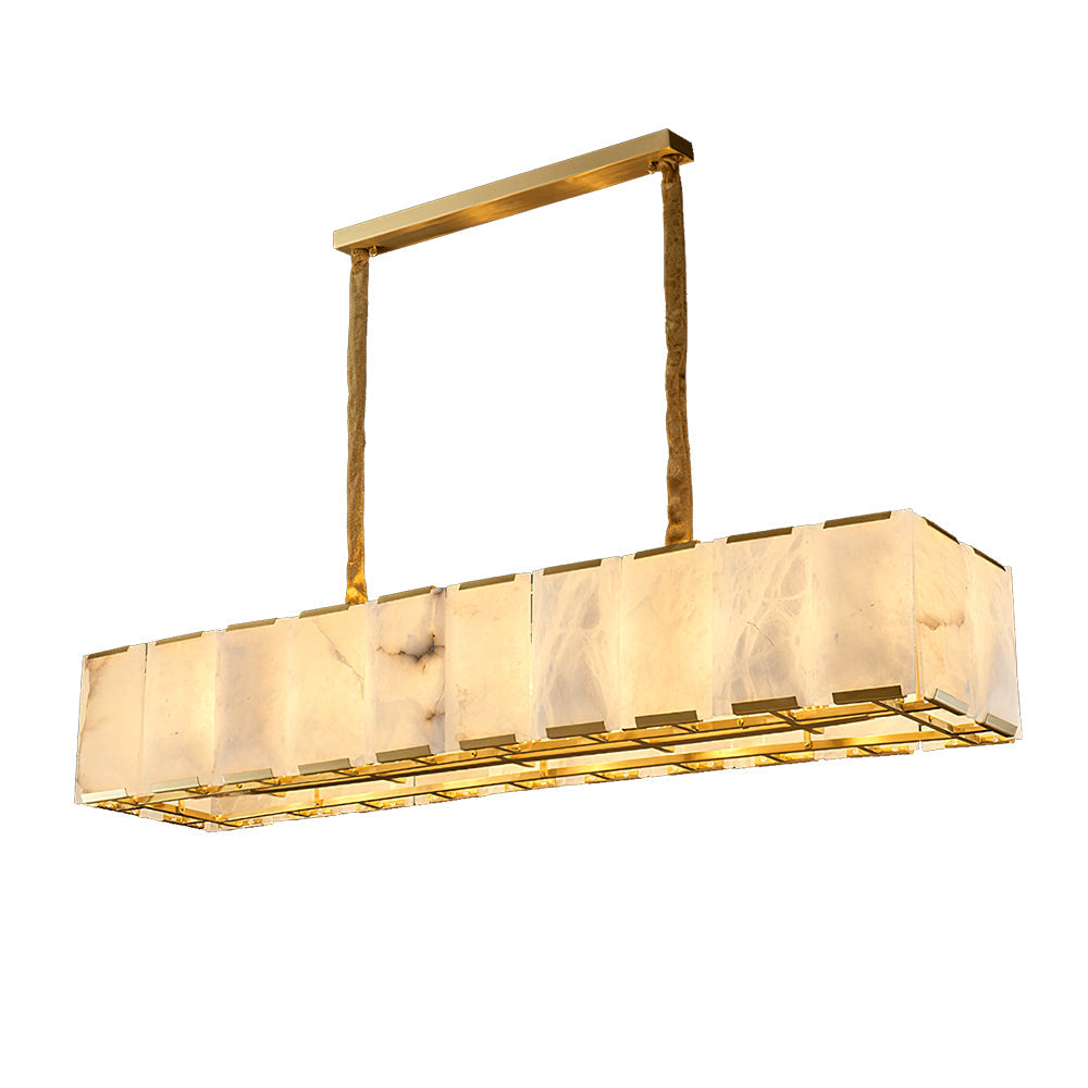 Bernardi alabaster and brass chandelier shown in a modern living room.