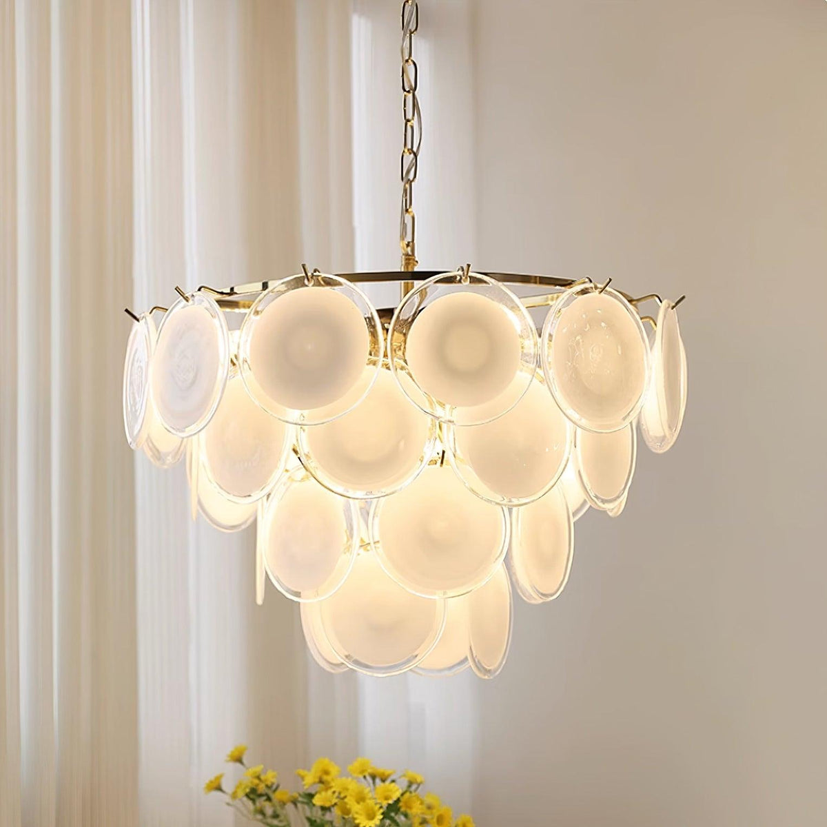 Lumirae Chandelier Cascading Frosted Glass Discs-Neutral Decor