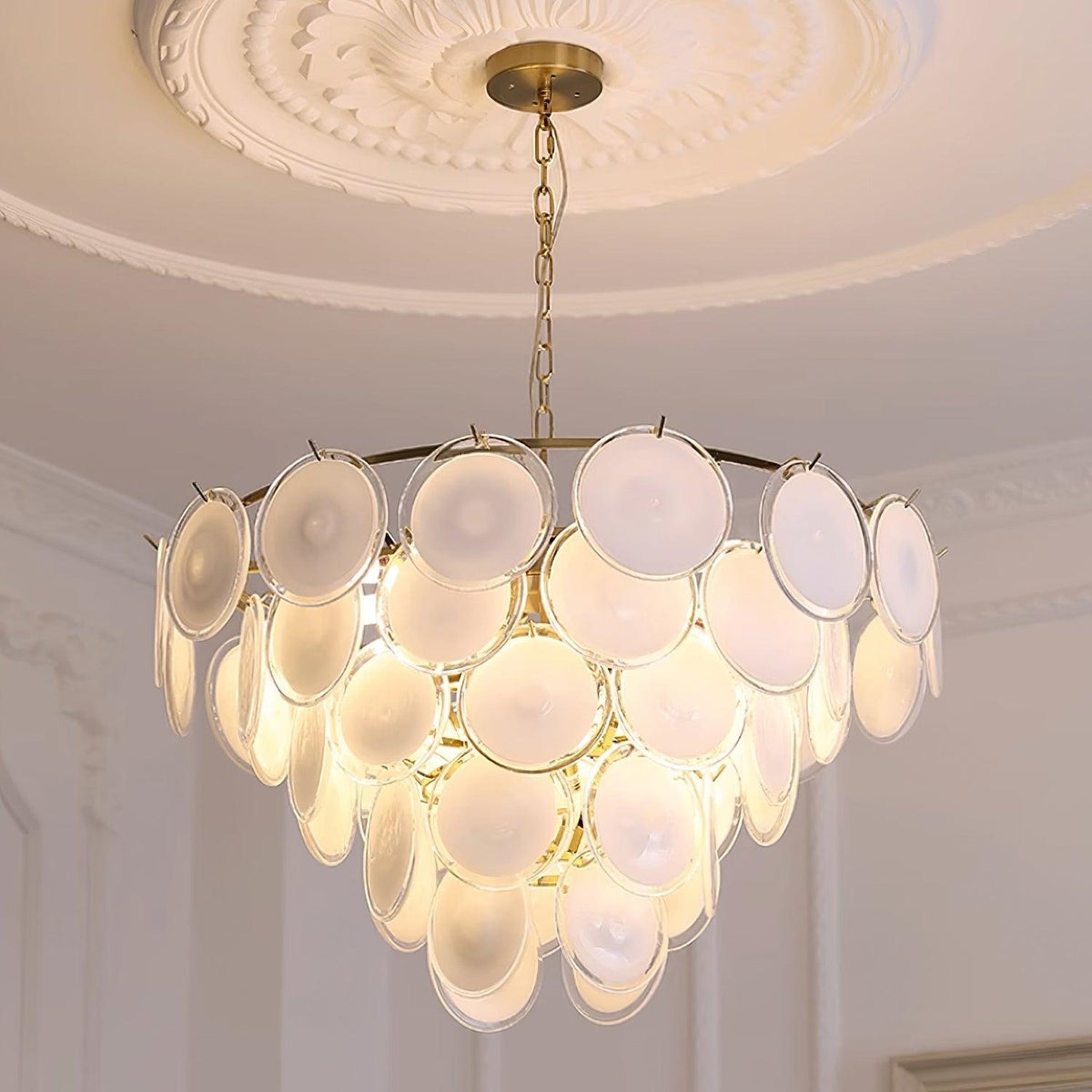 Lumirae Chandelier Cascading Frosted Glass Discs-Neutral Decor
