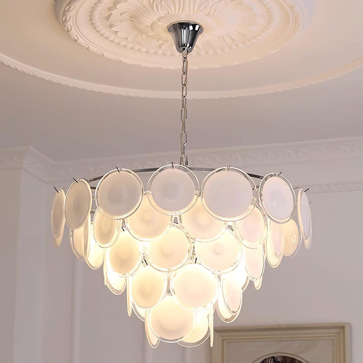 Lumirae Chandelier Cascading Frosted Glass Discs-Neutral Decor