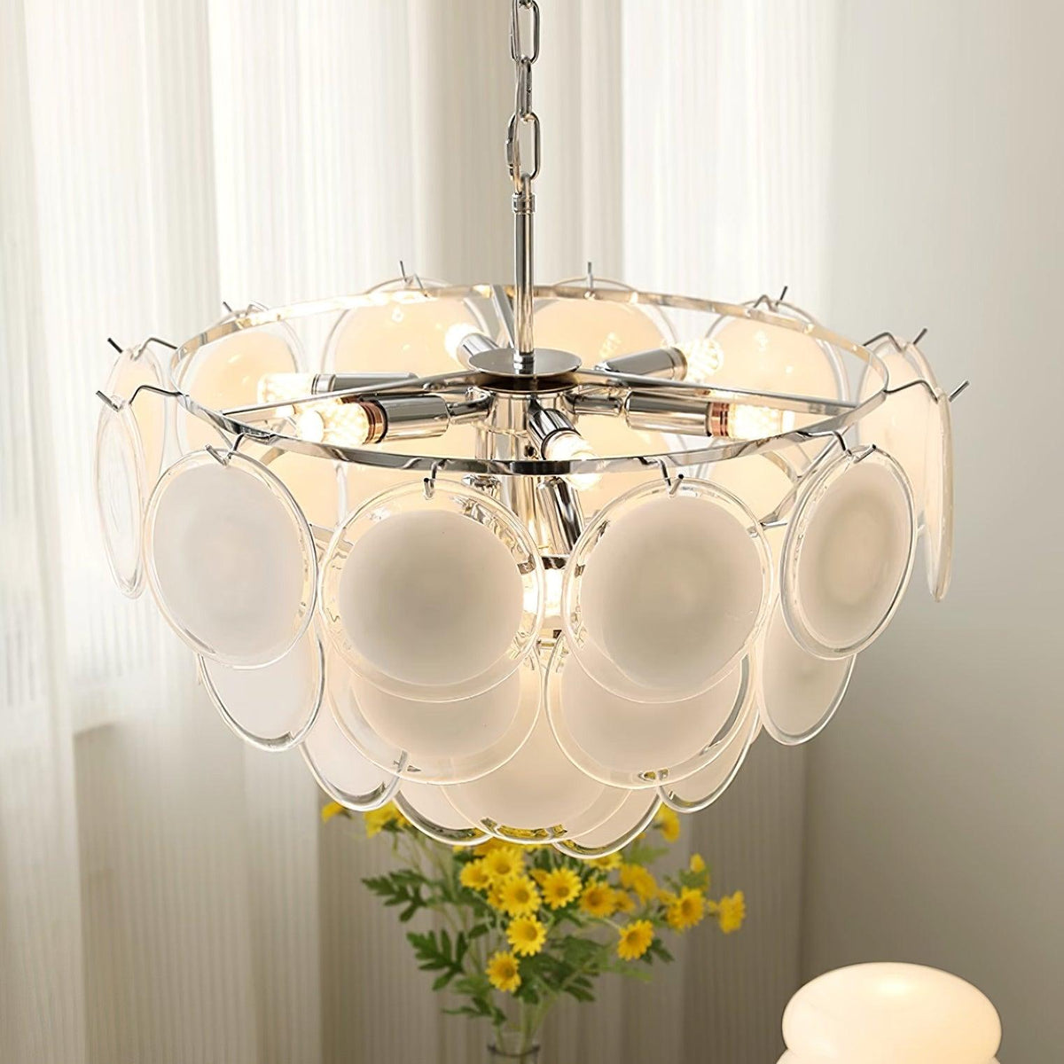 Lumirae Chandelier Cascading Frosted Glass Discs-Neutral Decor