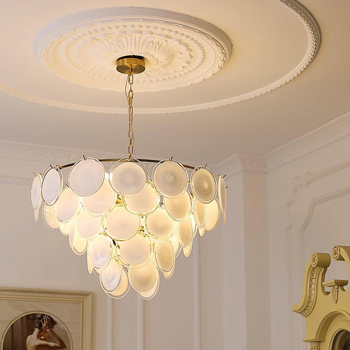 Lumirae Chandelier Cascading Frosted Glass Discs-Neutral Decor