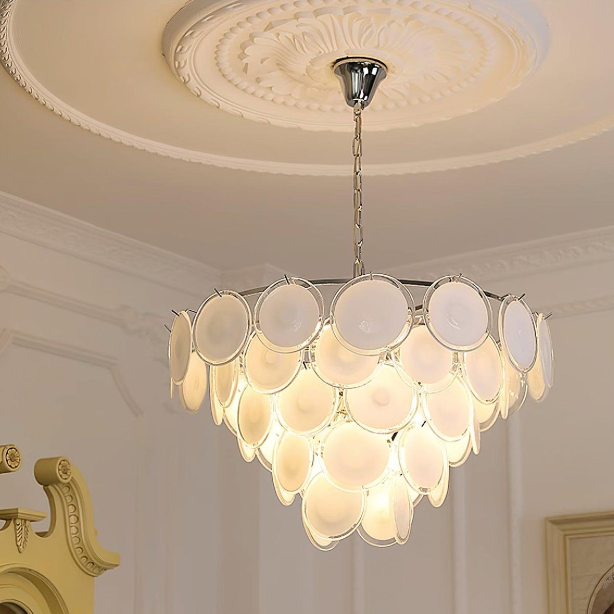 Lumirae Chandelier Cascading Frosted Glass Discs-Neutral Decor
