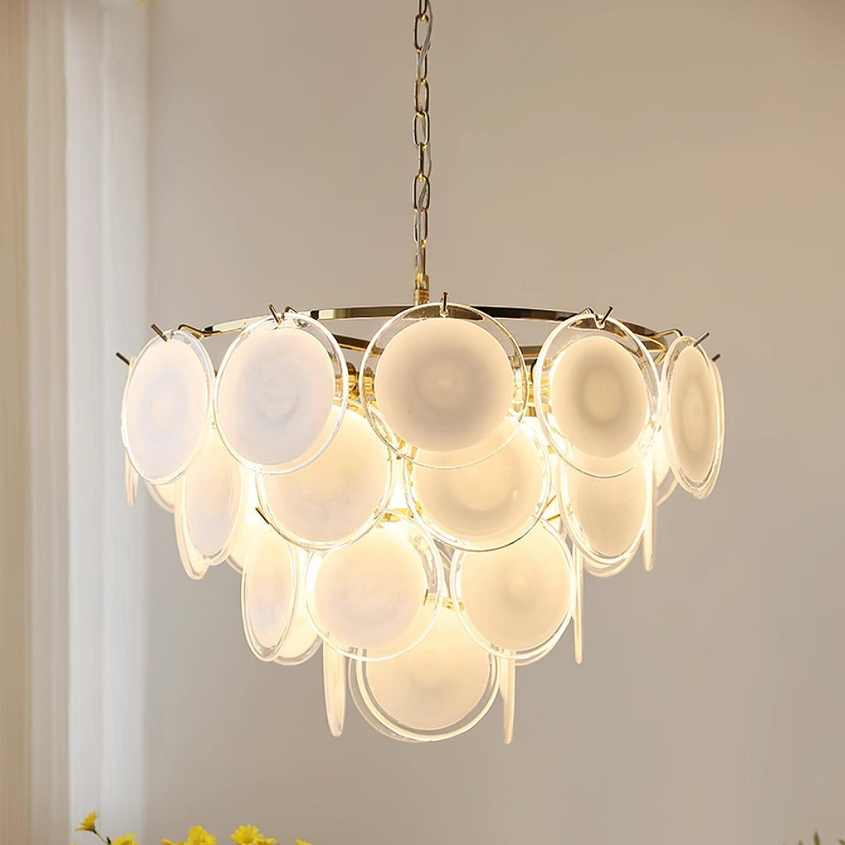 Lumirae Chandelier Cascading Frosted Glass Discs-Neutral Decor