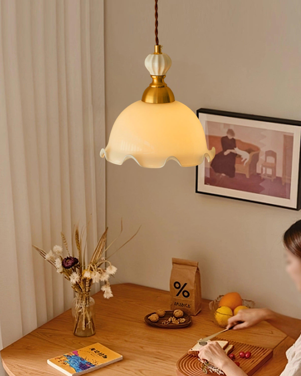 Pendant Lamp Wavy Edge Glass Shade Soft Glow Vintage Romantic-Neutral Decor