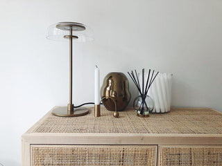 Rinelette Lampe de Table Verre Clair Ombrelle Bois Base