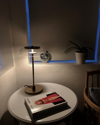 Rinelette Lampe de Table Verre Clair Ombrelle Bois Base