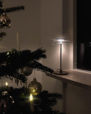 Rinelette Lampe de Table Verre Clair Ombrelle Bois Base