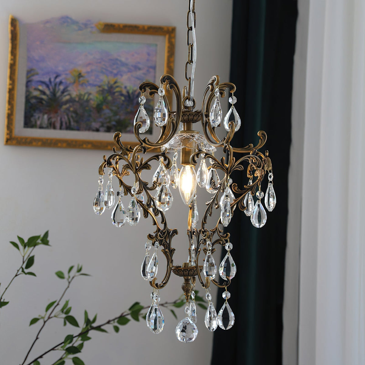Another angle of the illuminated bronze pendant light.