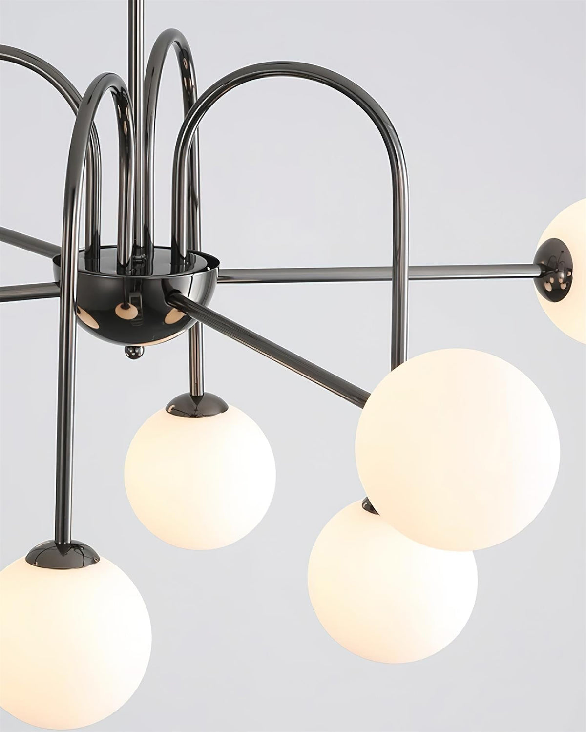 Chandelier Black Metal Arches Glass Globes Minimalist-Neutral Decor
