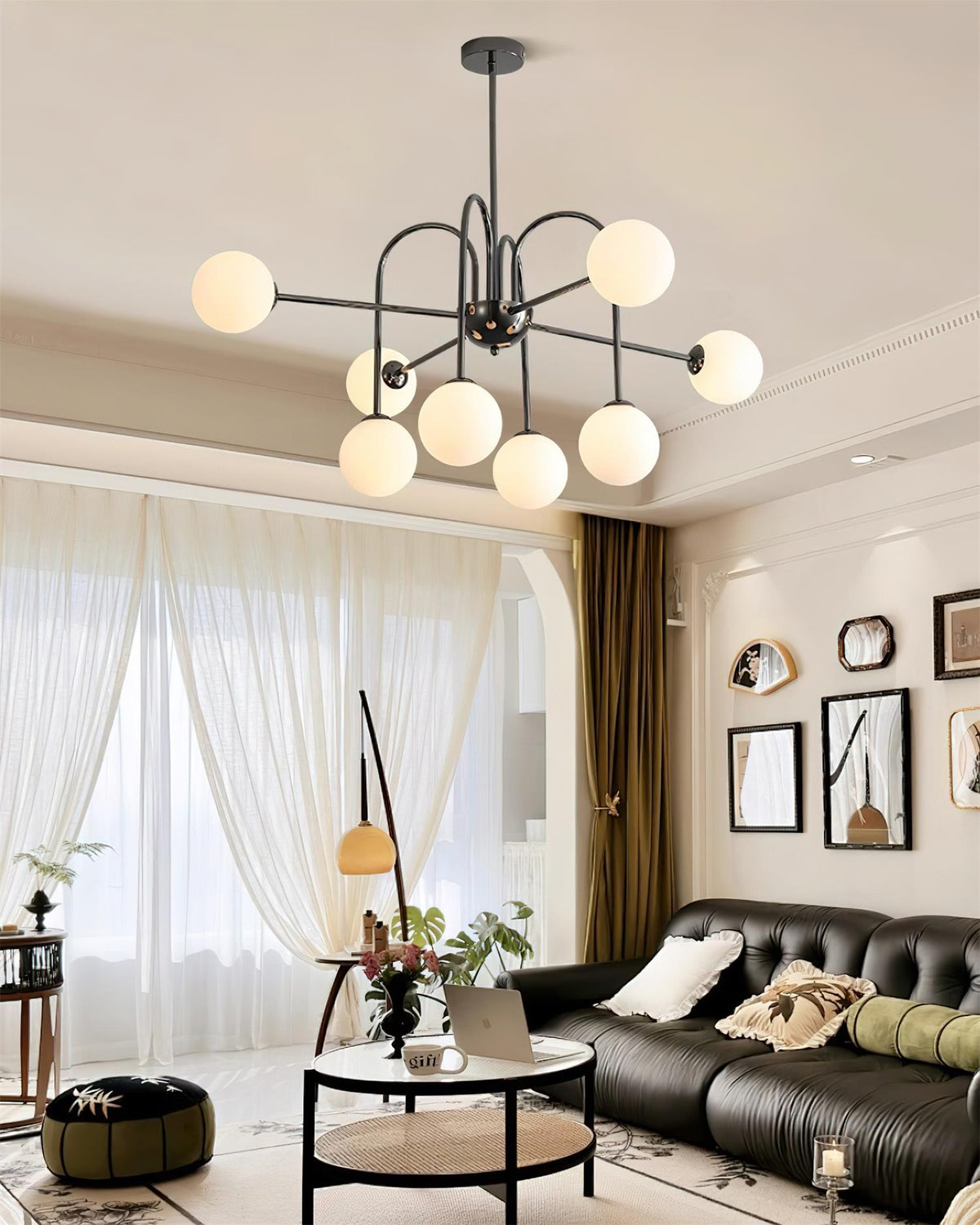 Chandelier Black Metal Arches Glass Globes Minimalist-Neutral Decor