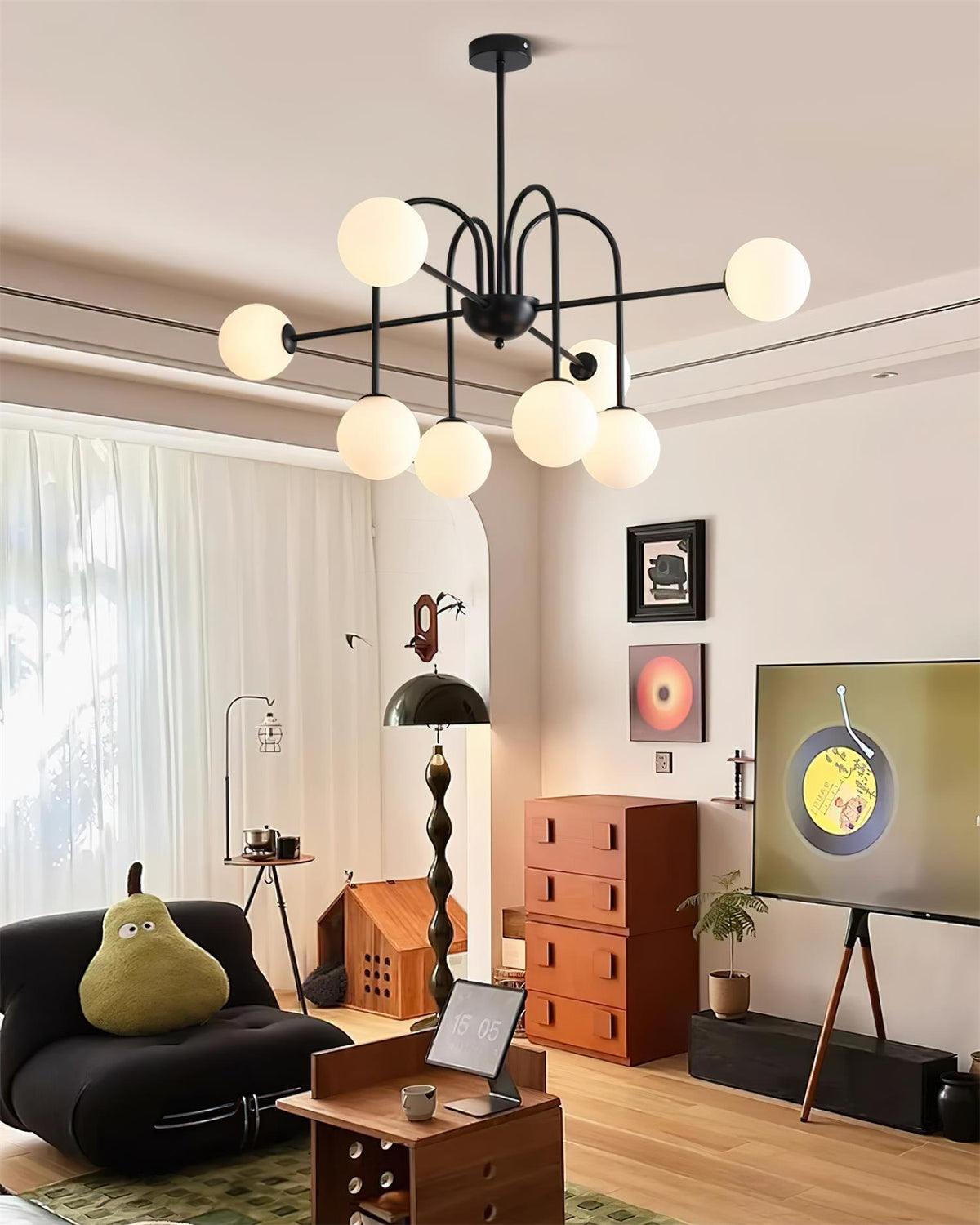 Chandelier Black Metal Arches Glass Globes Minimalist-Neutral Decor
