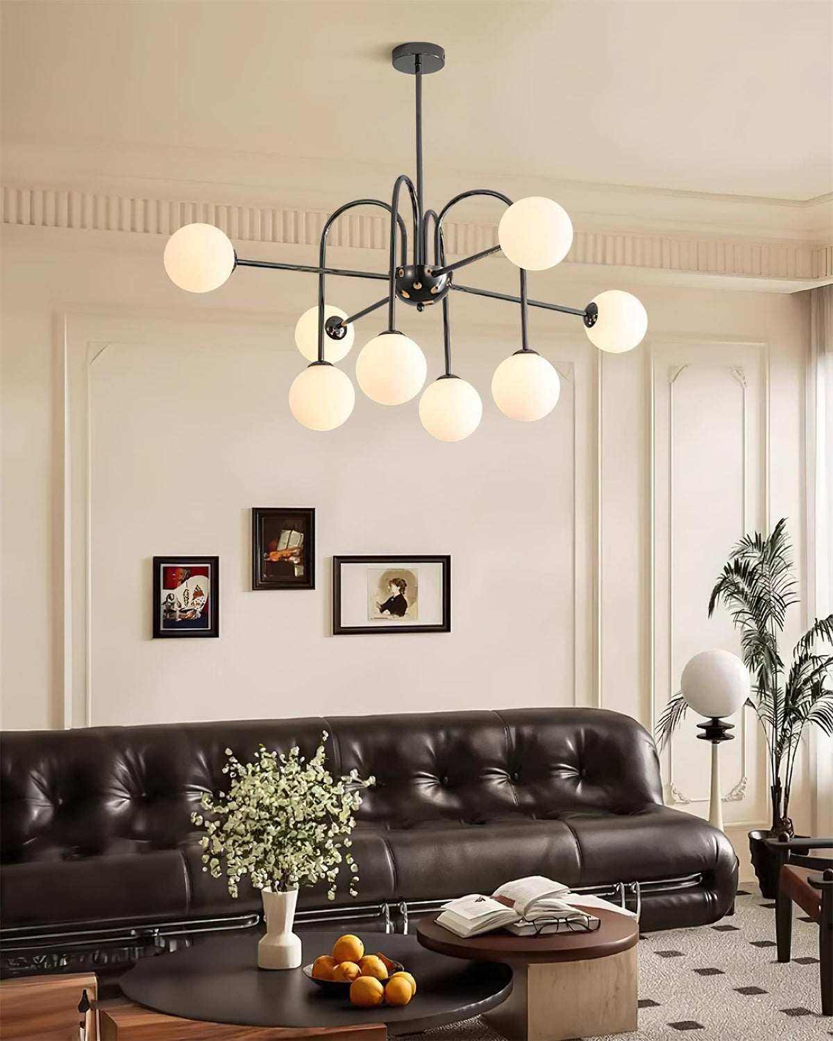 Chandelier Black Metal Arches Glass Globes Minimalist-Neutral Decor