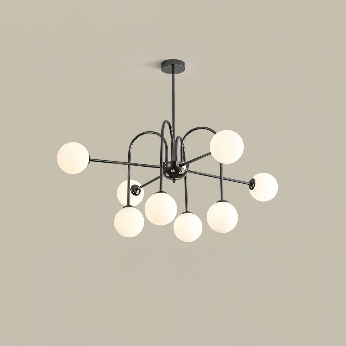 Chandelier Black Metal Arches Glass Globes Minimalist-Neutral Decor