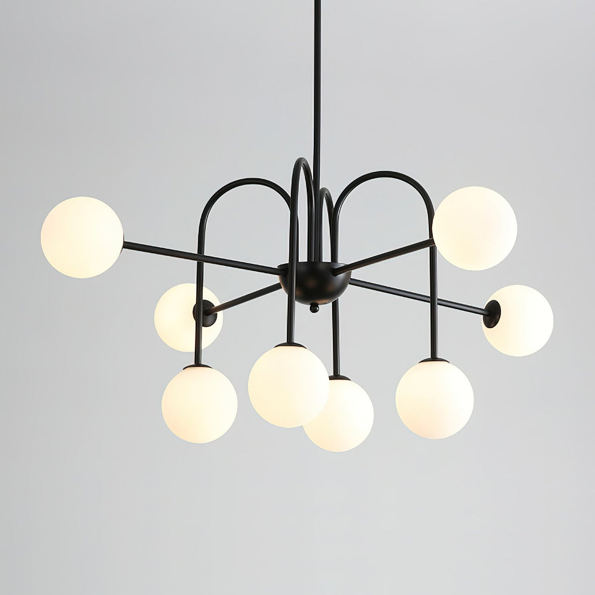 Chandelier Black Metal Arches Glass Globes Minimalist-Neutral Decor