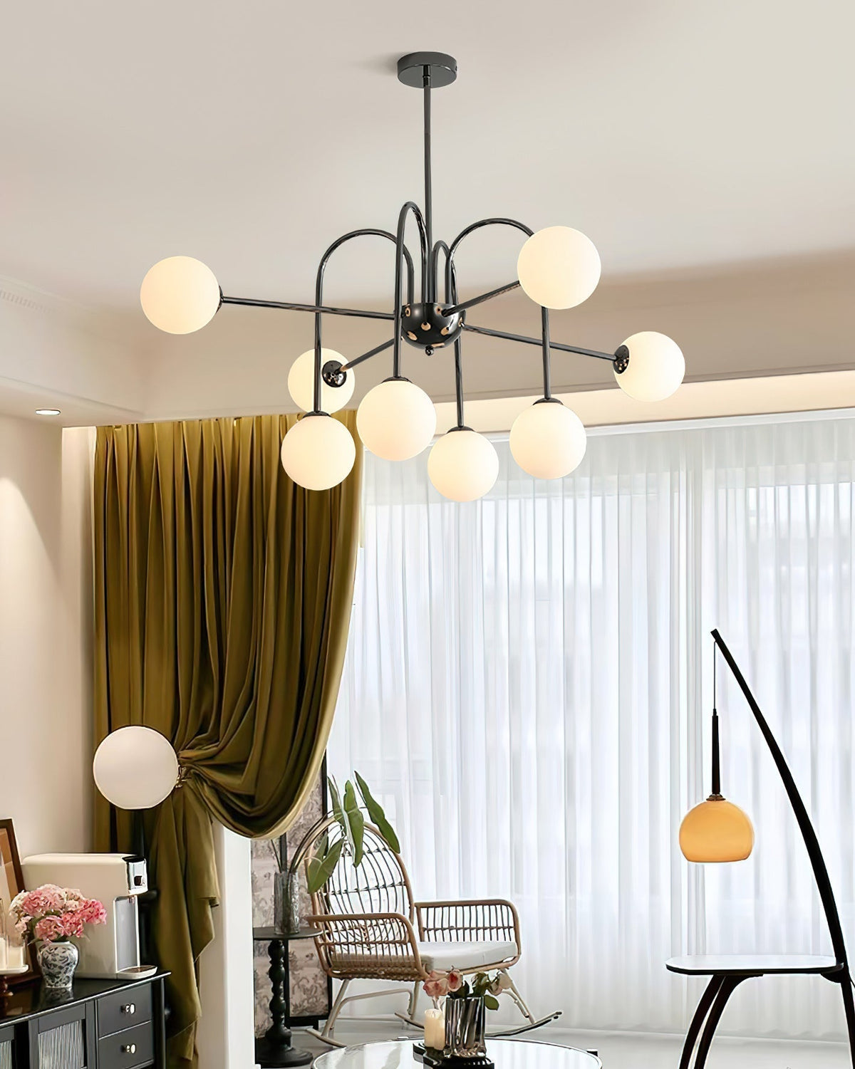 Chandelier Black Metal Arches Glass Globes Minimalist-Neutral Decor