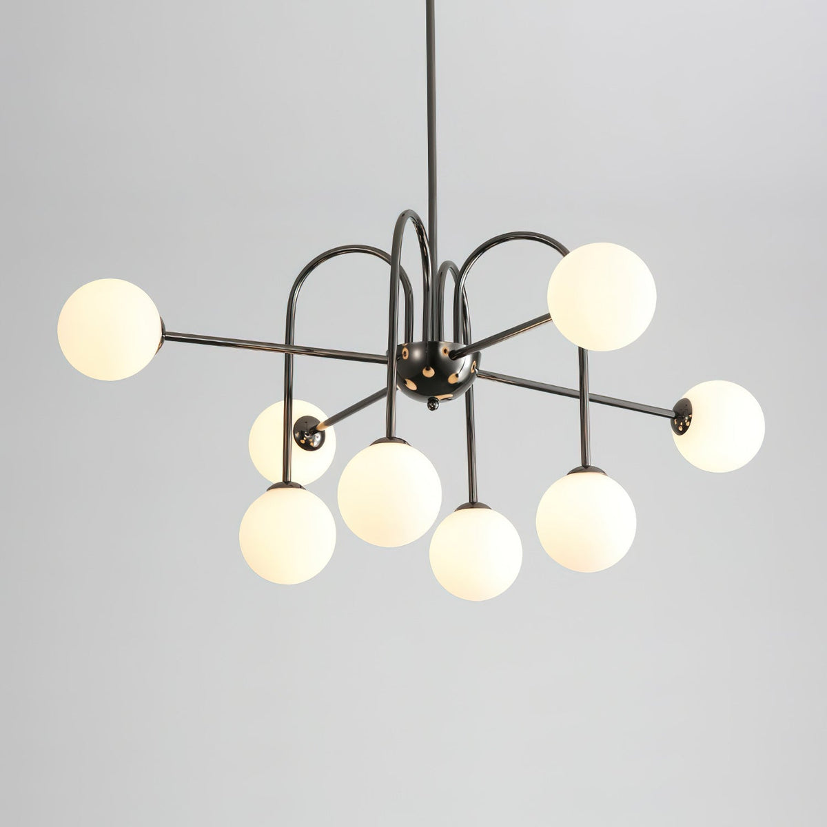 Chandelier Black Metal Arches Glass Globes Minimalist-Neutral Decor