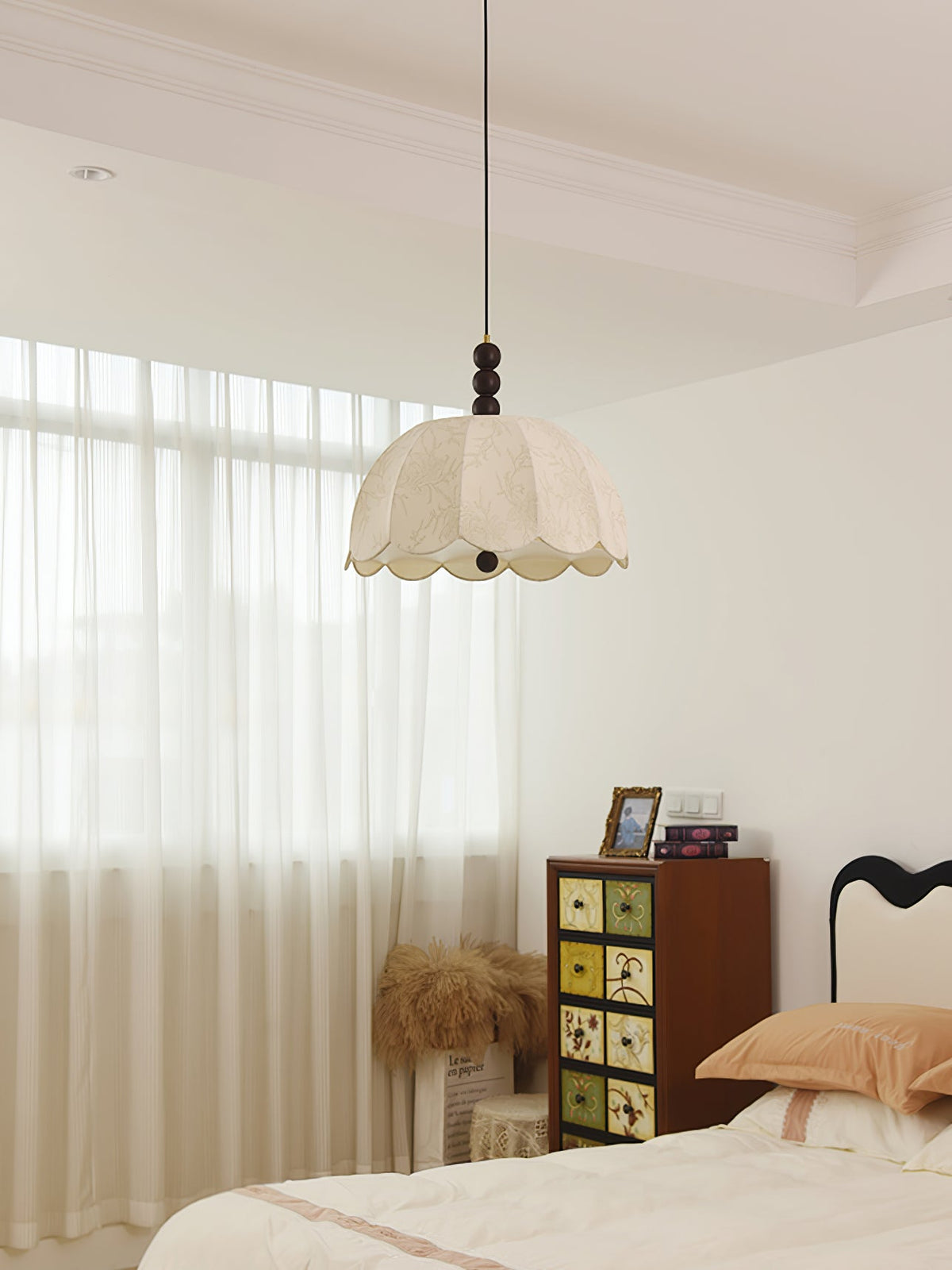 Veyriora Traditionnel Floraison Tissu Bois Pendentif Lumière