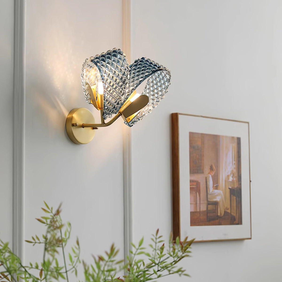 Wall Lamp Blue Ribbed Glass Ribbons Brass-Neutral Decor