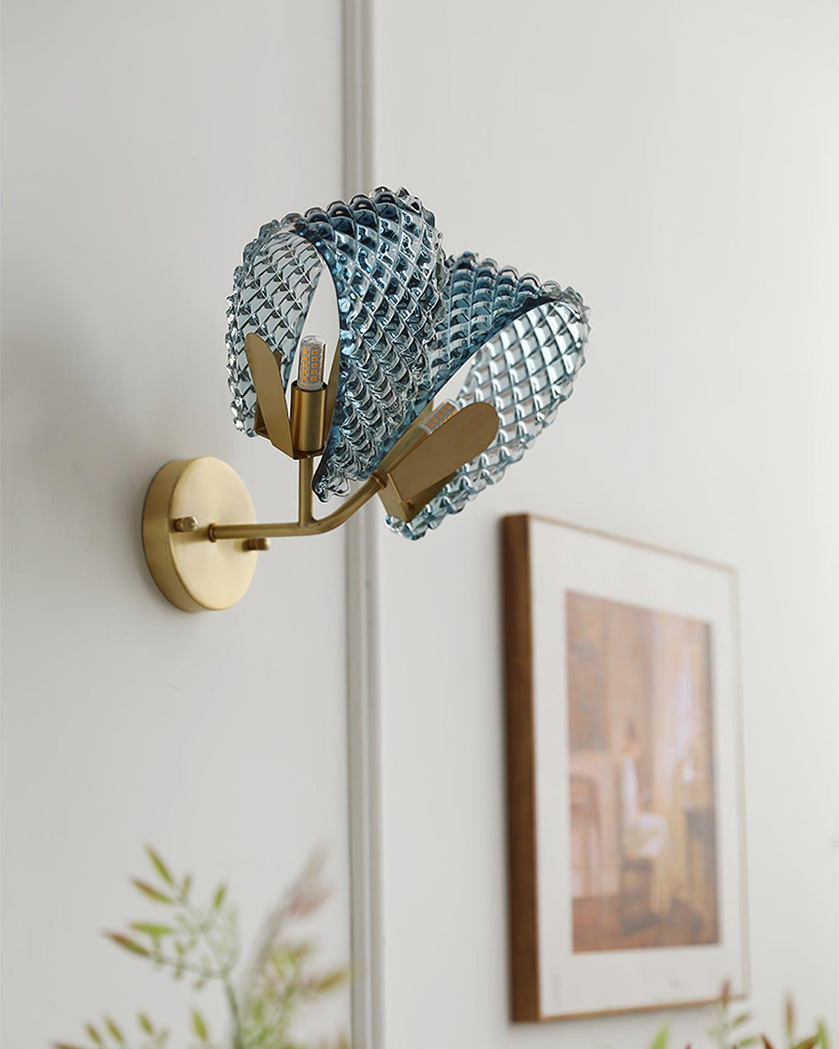 Wall Lamp Blue Ribbed Glass Ribbons Brass-Neutral Decor