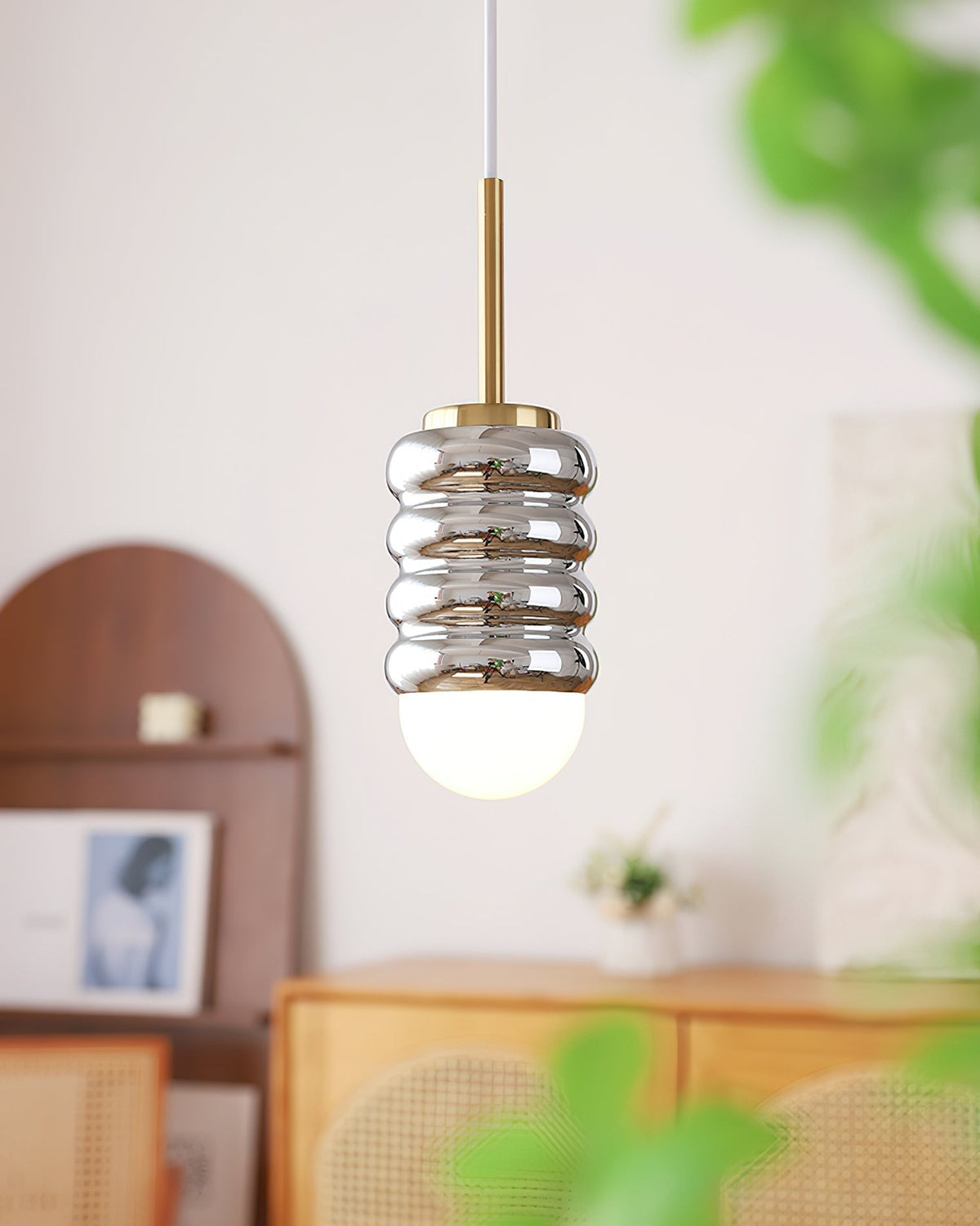 Pendant Light Ribbed Ceramic Brass Midcentury-Neutral Decor