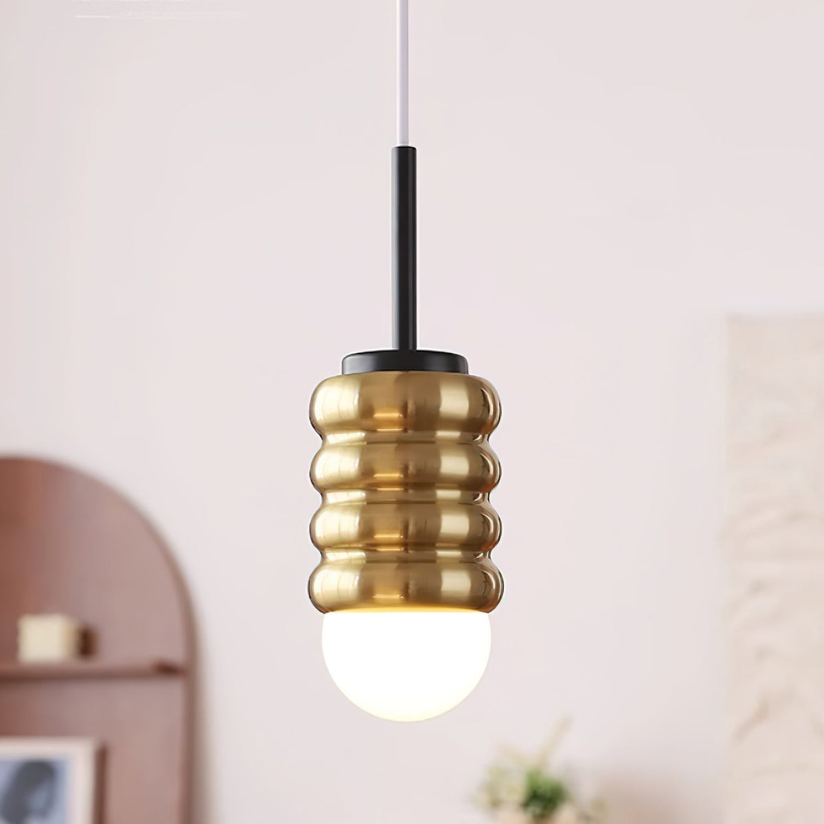 Pendant Light Ribbed Ceramic Brass Midcentury-Neutral Decor