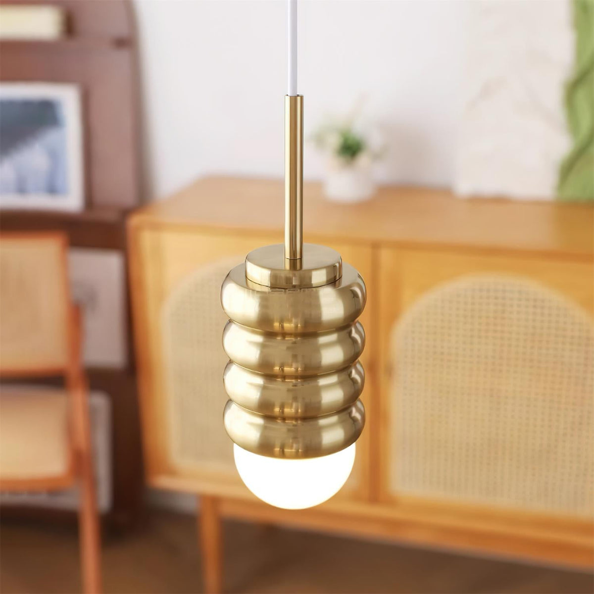 Pendant Light Ribbed Ceramic Brass Midcentury-Neutral Decor