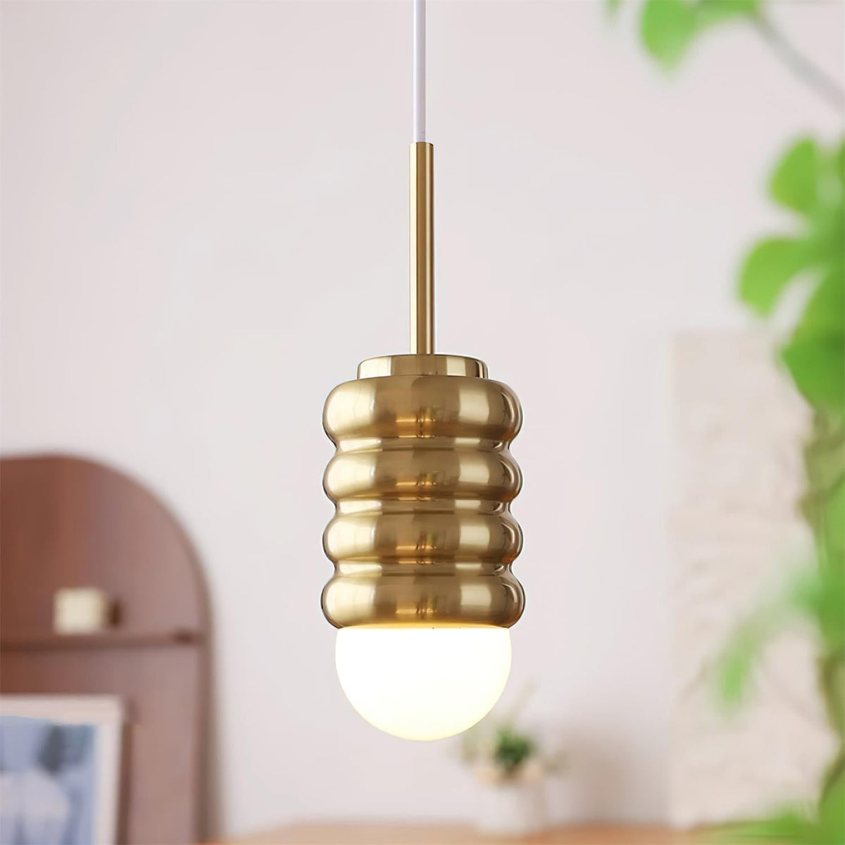 Pendant Light Ribbed Ceramic Brass Midcentury-Neutral Decor