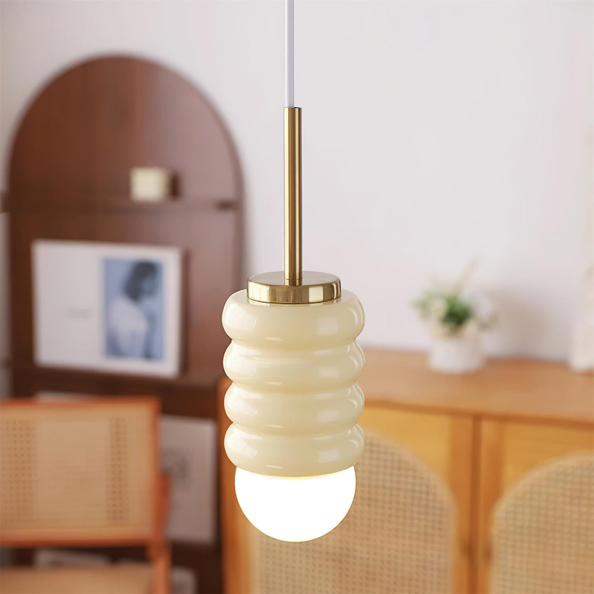 Pendant Light Ribbed Ceramic Brass Midcentury-Neutral Decor