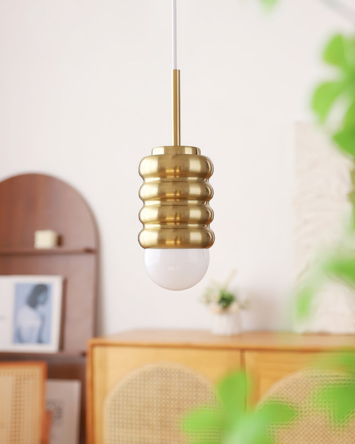 Pendant Light Ribbed Ceramic Brass Midcentury-Neutral Decor