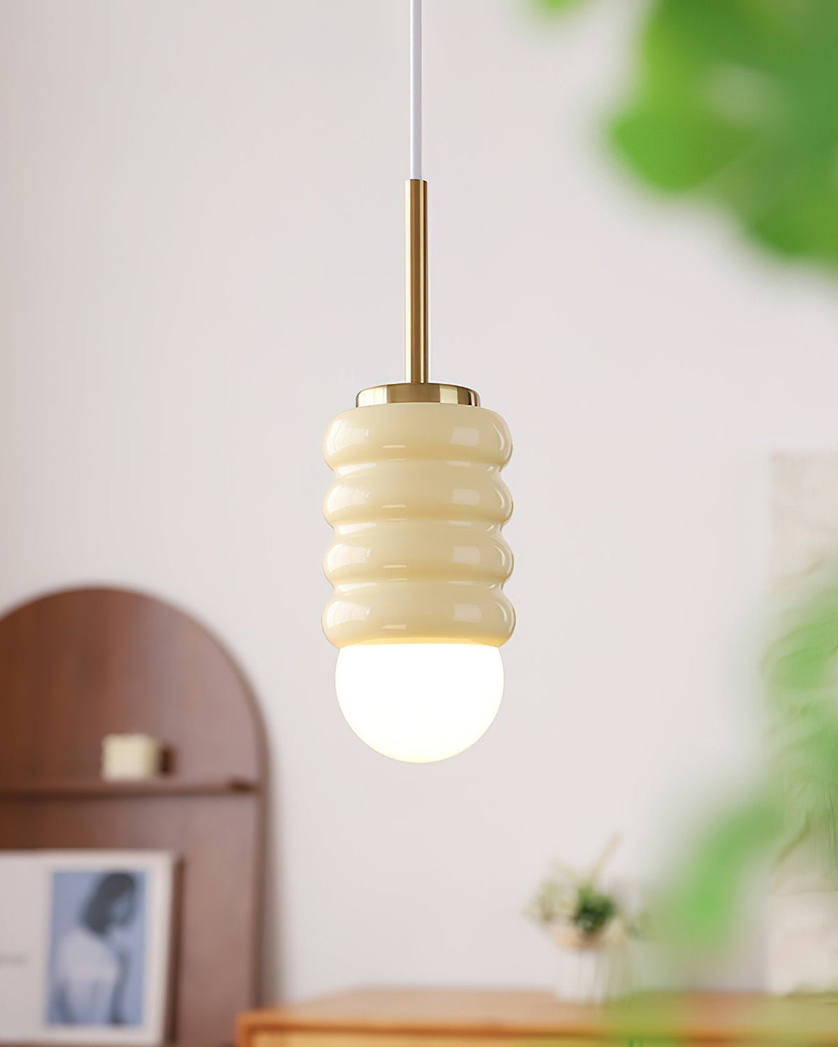Pendant Light Ribbed Ceramic Brass Midcentury-Neutral Decor