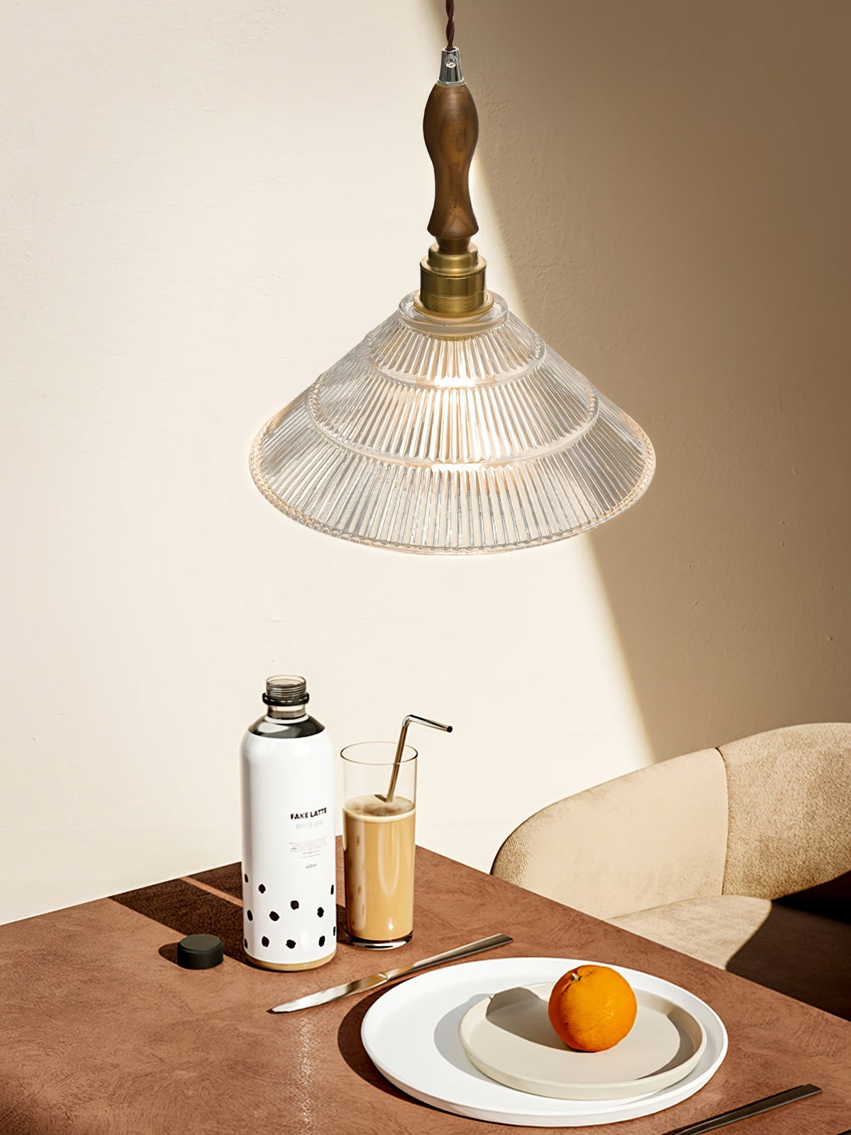 Arcara Vintage Suspension Verre Dépoli Bois Noyer