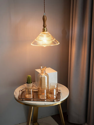 Arcara Suspension en Bois et Verre Ondulé Vintage