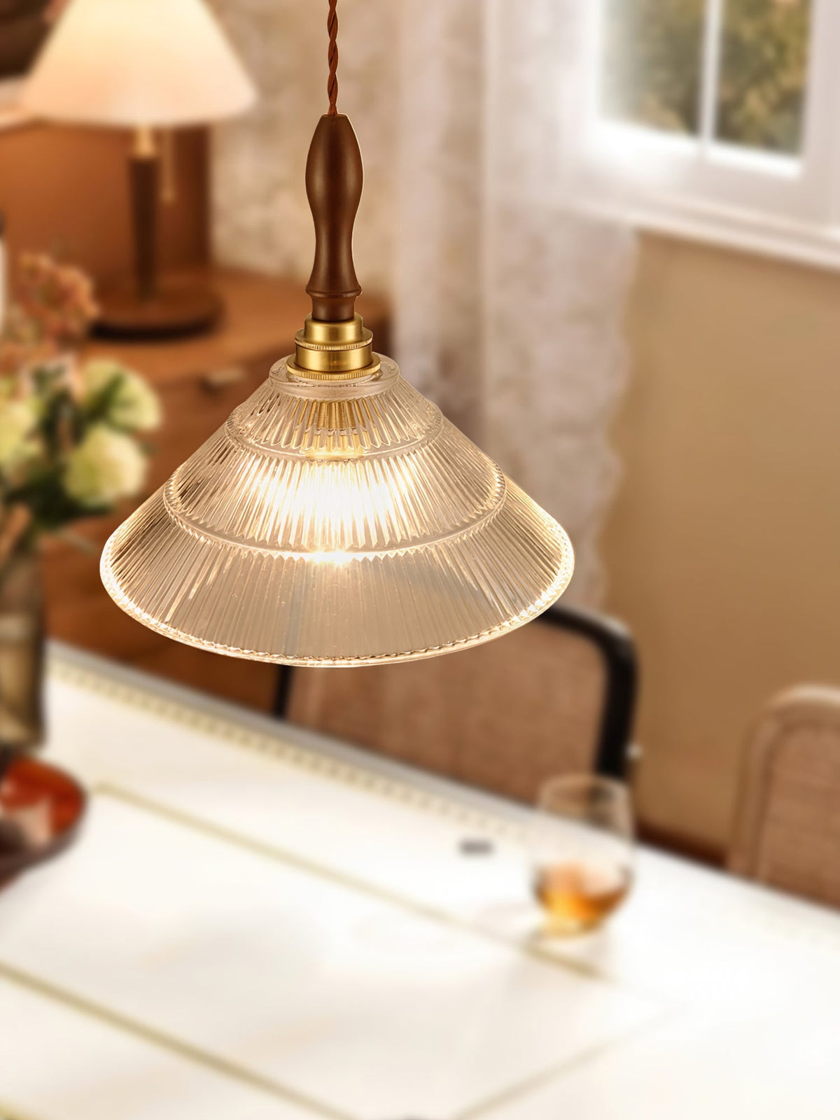 Arcara Vintage Suspension Verre Dépoli Bois Noyer