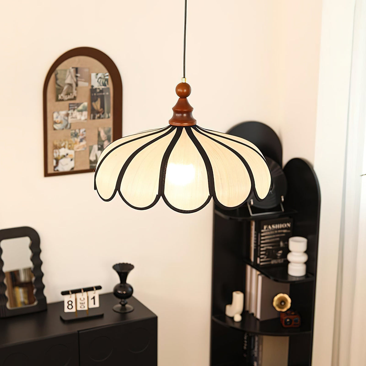 Detail shot of the wooden accent and metal fixture of the Botan Pendant Light.