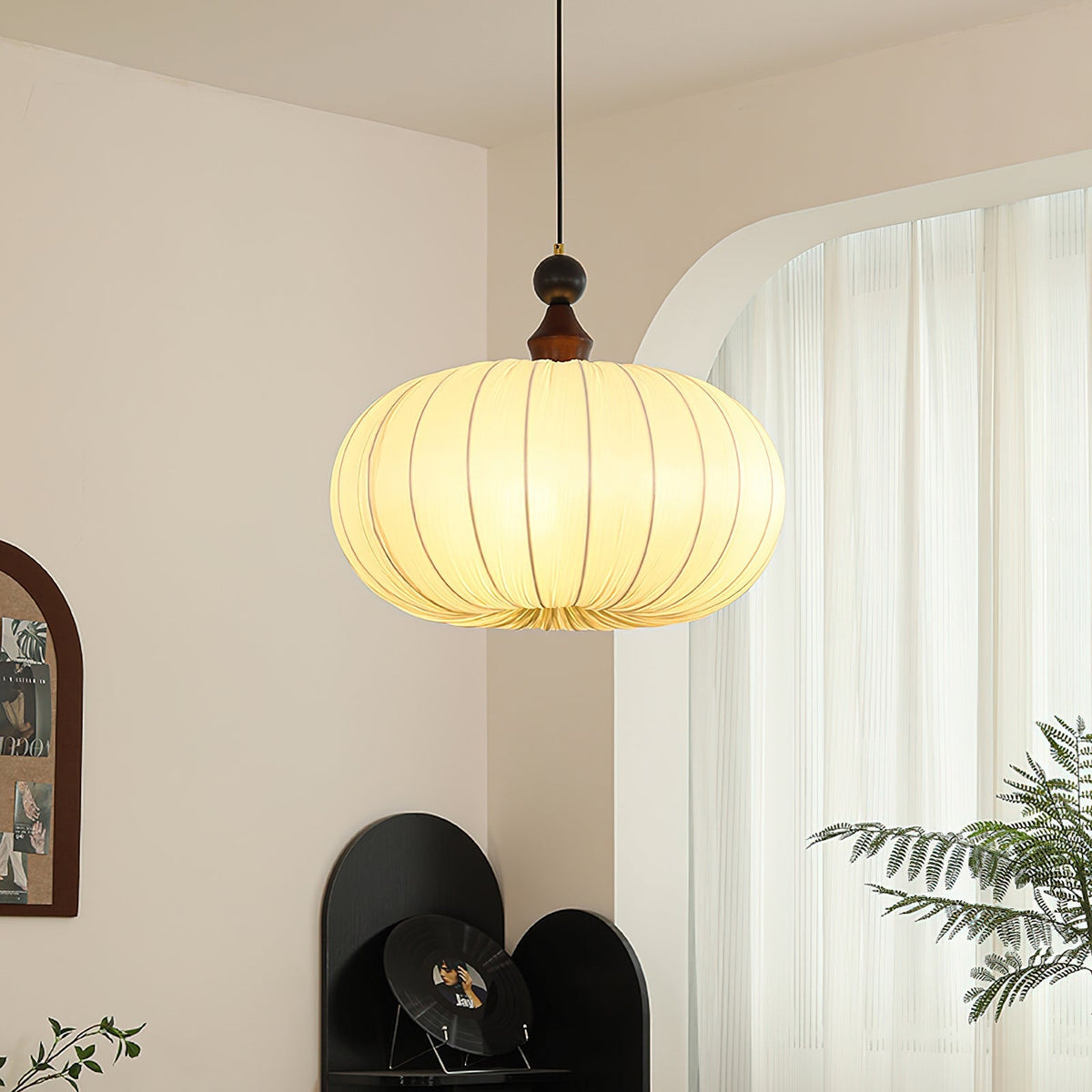 Close-up view of the gathered fabric detail on the Bowie Pendant Light.
