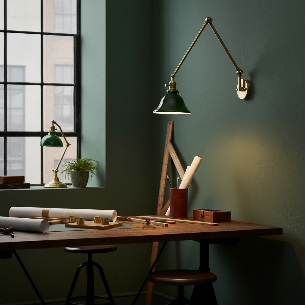 Brady Swing Arm Wall Lamp against a dark wall for contrast.