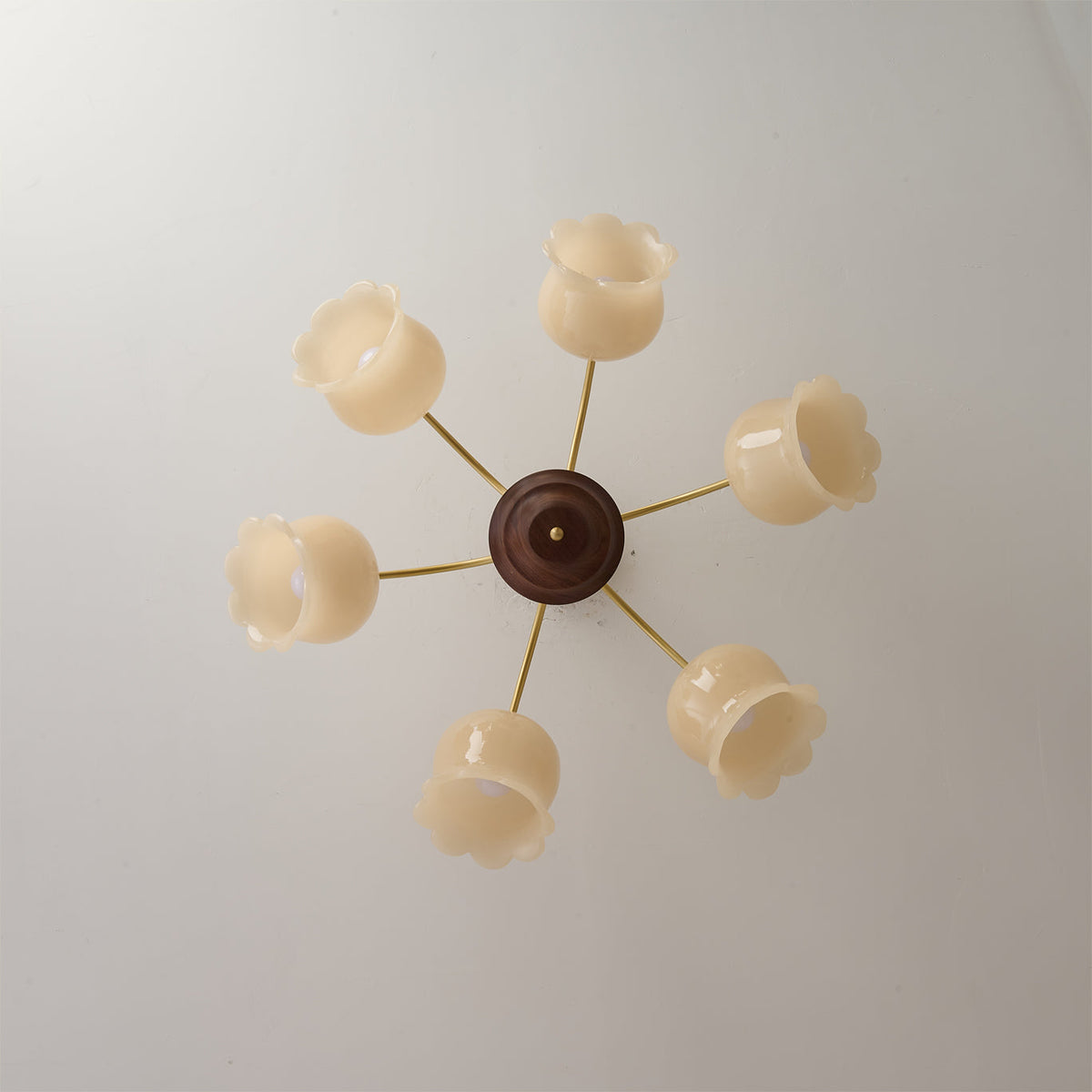 Angled view of the Cacier Flower Chandelier against a neutral wall.
