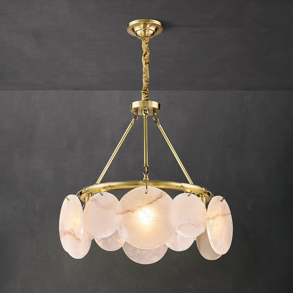 Detail of the brass frame and the unique veining of an alabaster shade.