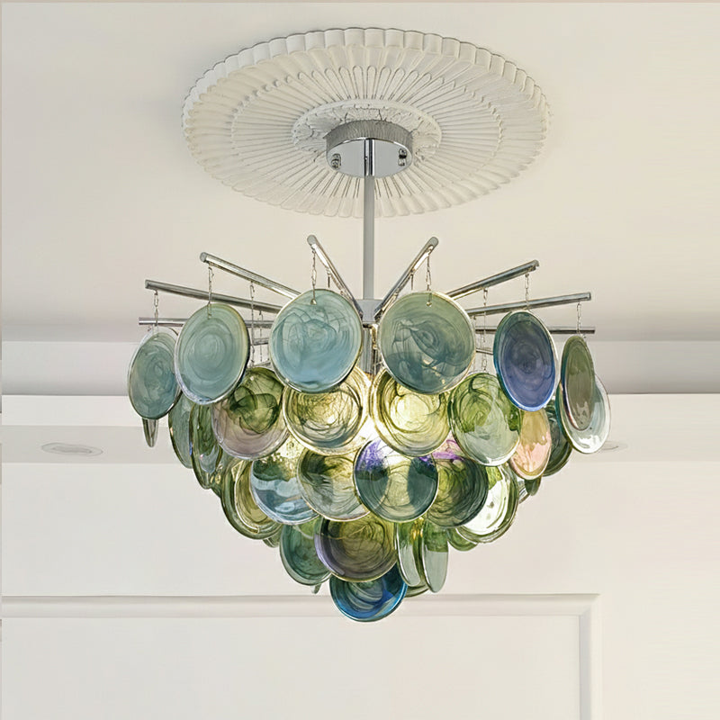 Close-up on the light source within the glass shades.
