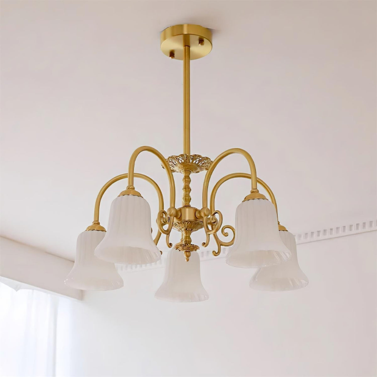 Chandelier with Brass Arms White Glass Shades Opulent Luxe-Neutral Decor