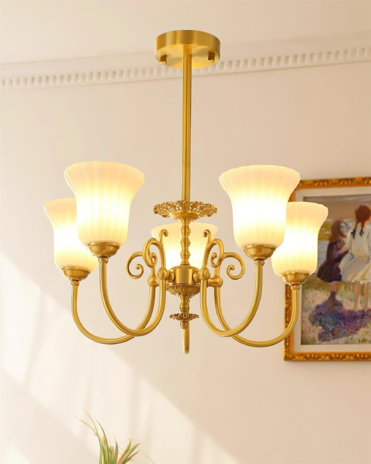 Chandelier with Brass Arms White Glass Shades Opulent Luxe-Neutral Decor