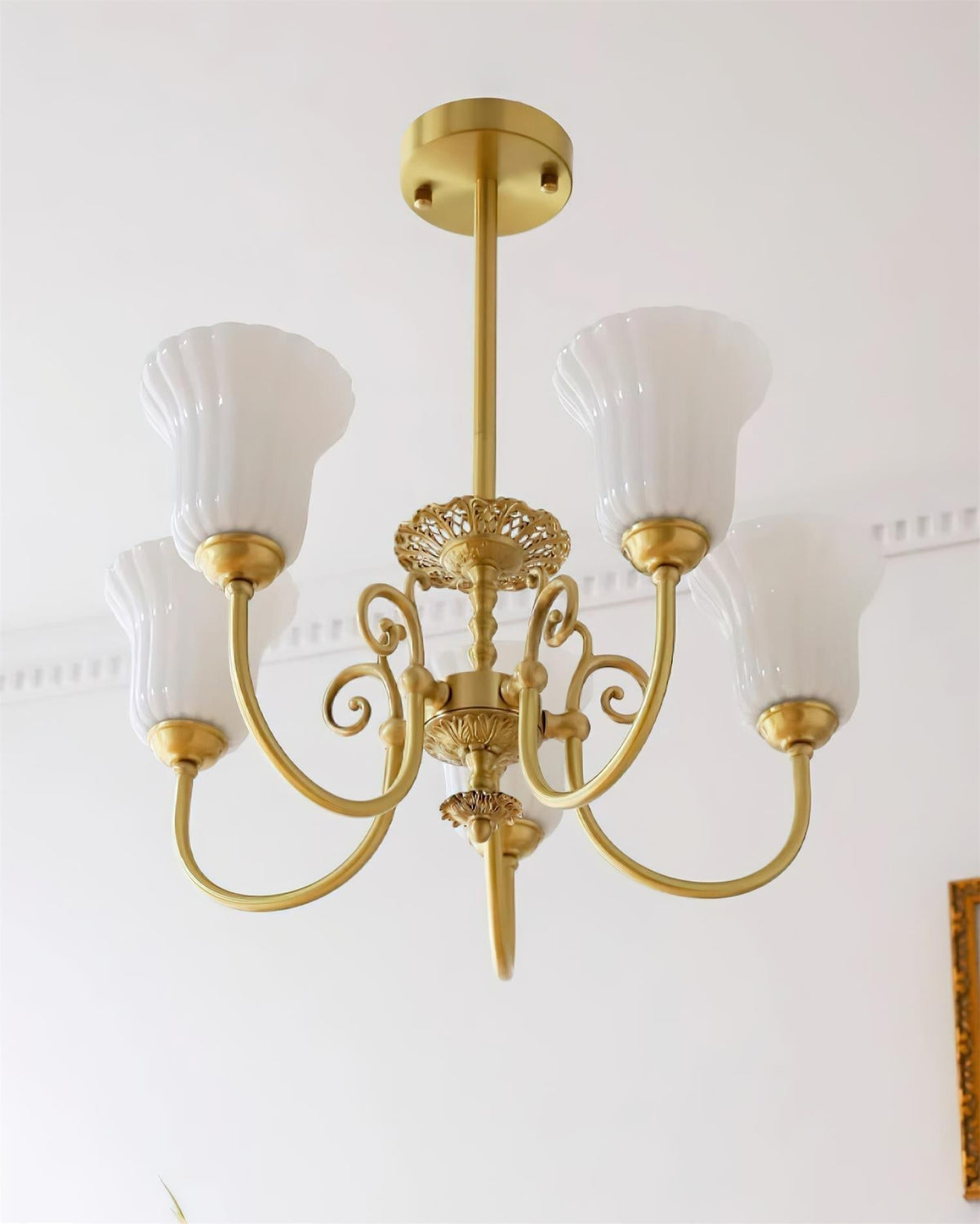 Chandelier with Brass Arms White Glass Shades Opulent Luxe-Neutral Decor