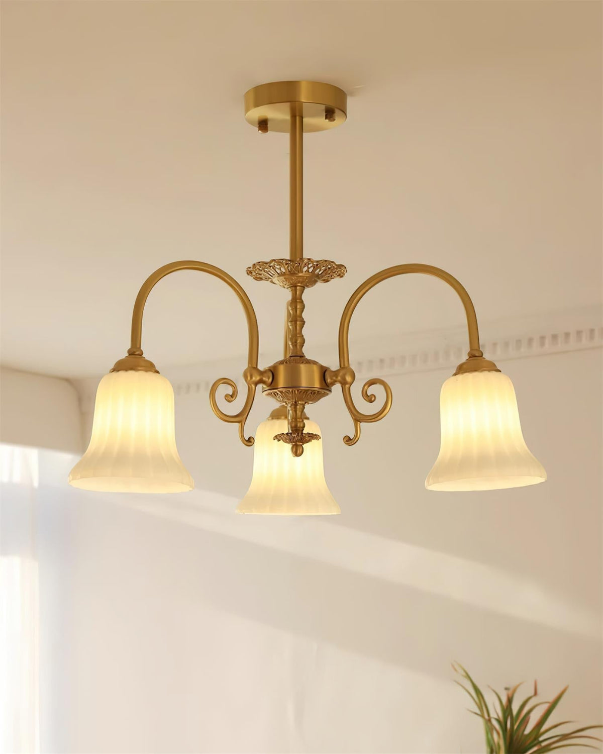 Chandelier with Brass Arms White Glass Shades Opulent Luxe-Neutral Decor