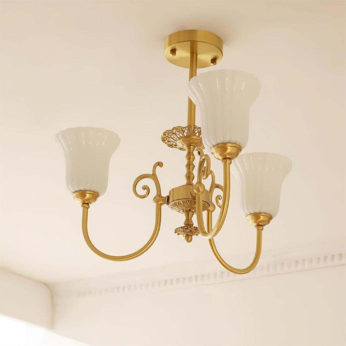 Chandelier with Brass Arms White Glass Shades Opulent Luxe-Neutral Decor
