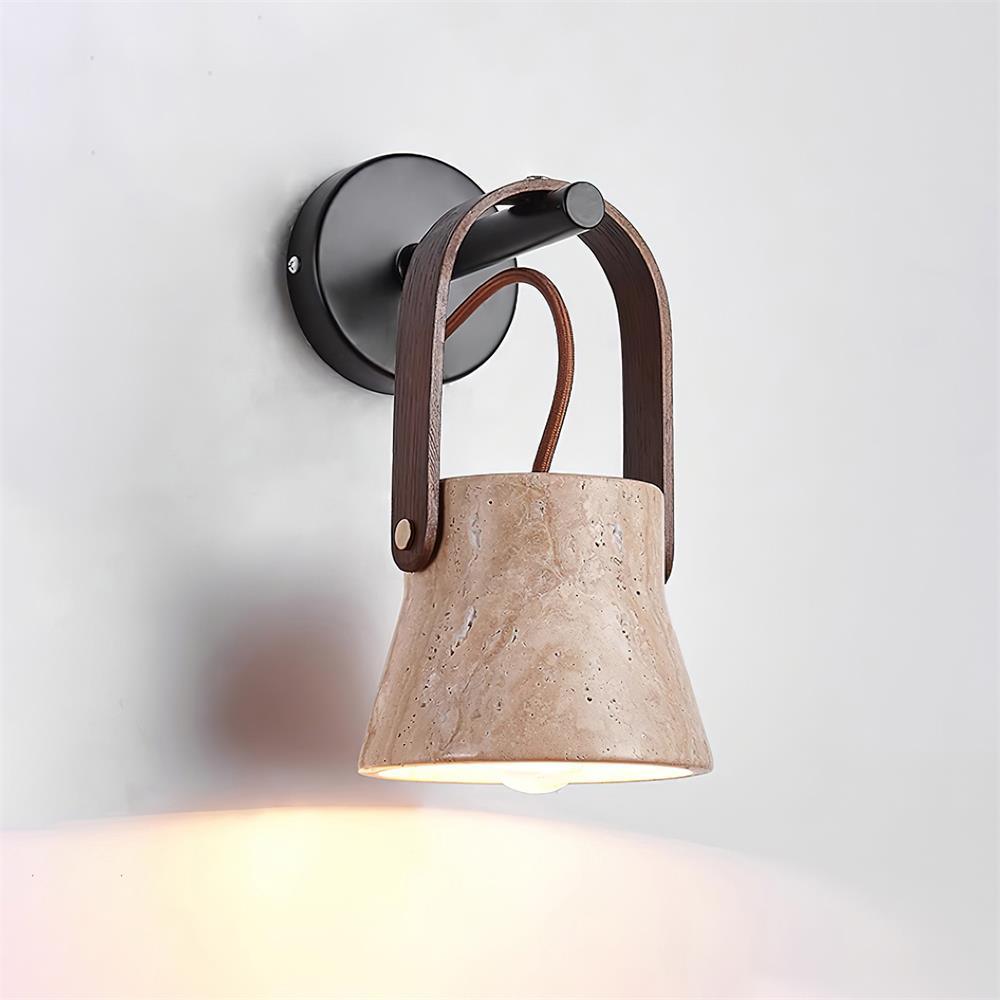 Wall Lamp Metal Body Wood Strap Travertine Shade Minimalist-Neutral Decor